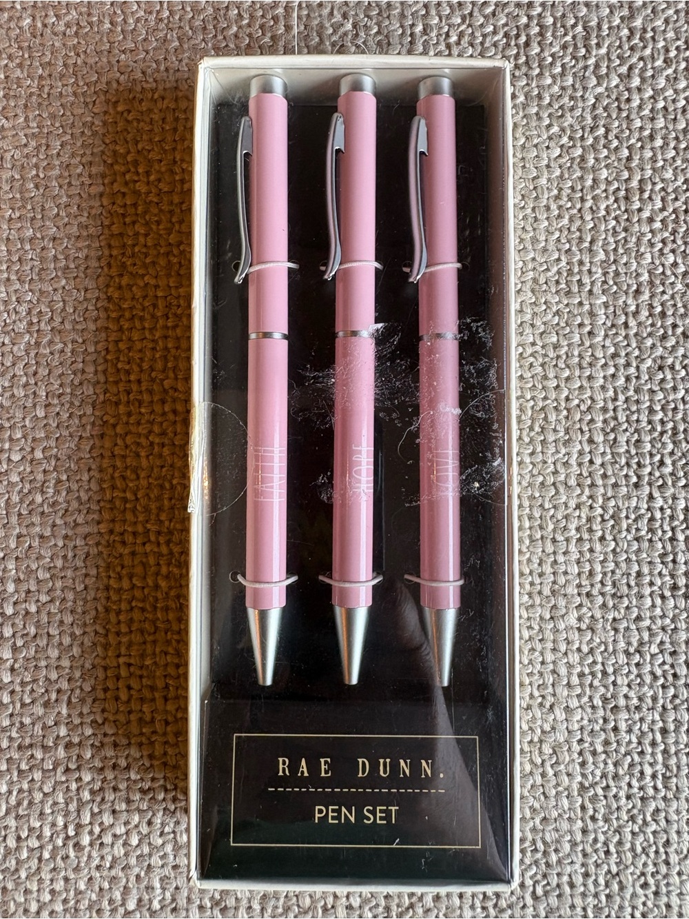 NWT Rae Dunn “Faith Hope Love” Pink Ballpoint Pen Set – 3 Pack